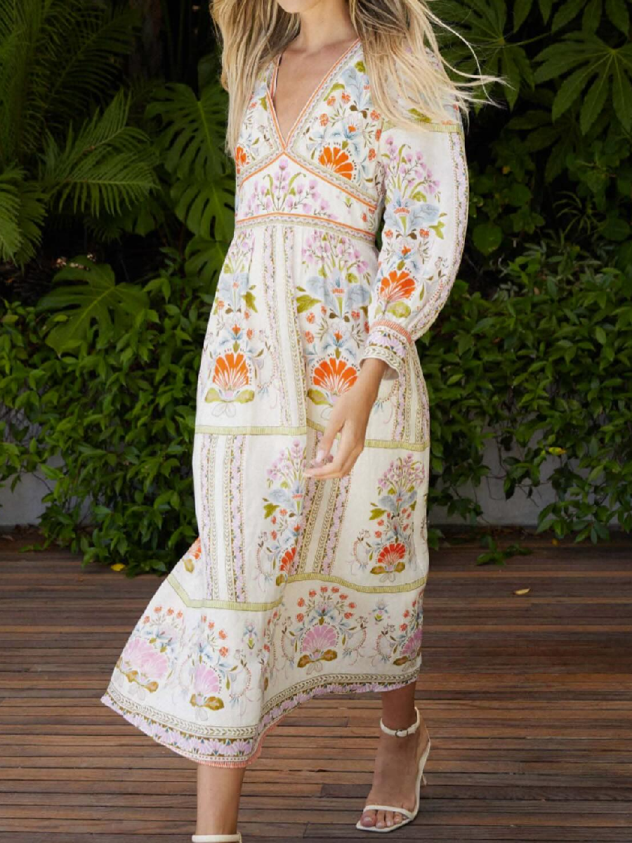 Elegant Printed V-neckline Dress