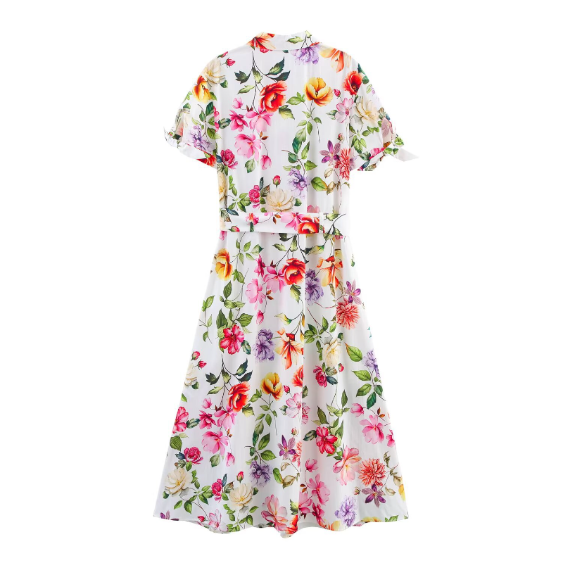Floral Print Short Sleeve Belted Dress