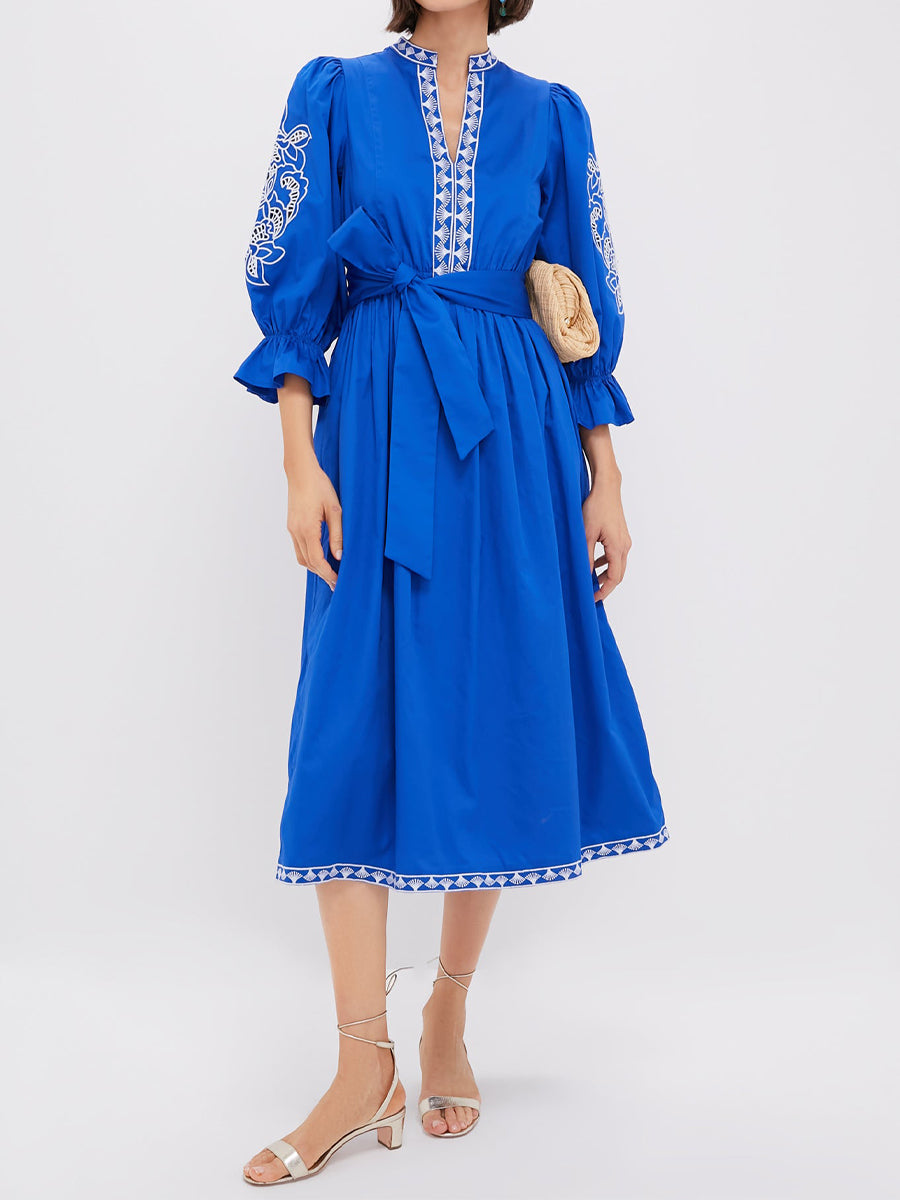 Mandarin Collar Embroidery Belted Dress
