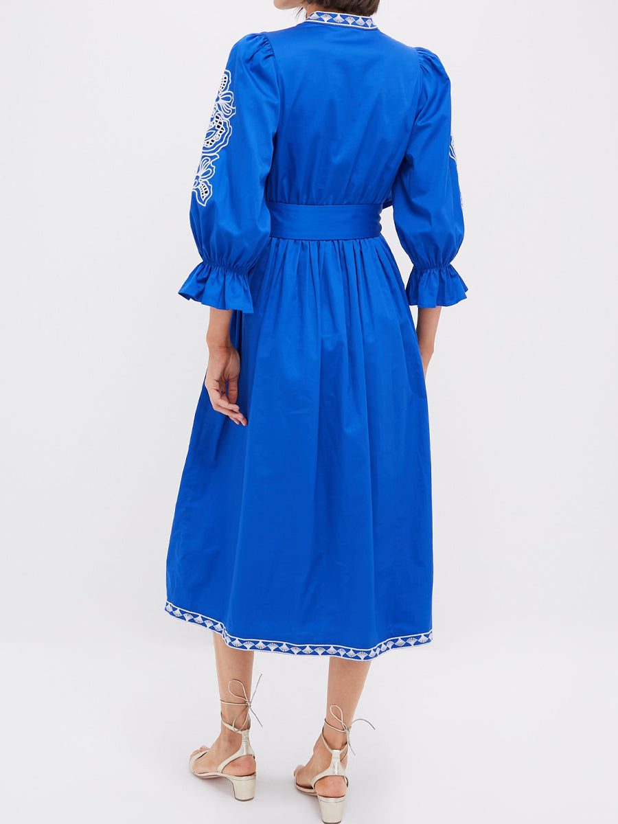 Mandarin Collar Embroidery Belted Dress