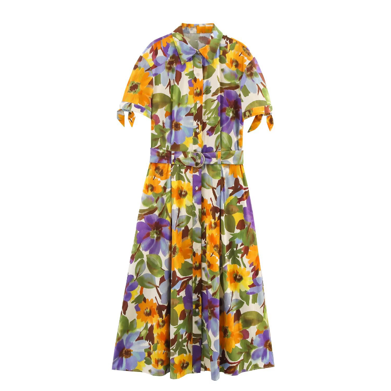 Floral Print Short Sleeve Belted Dress