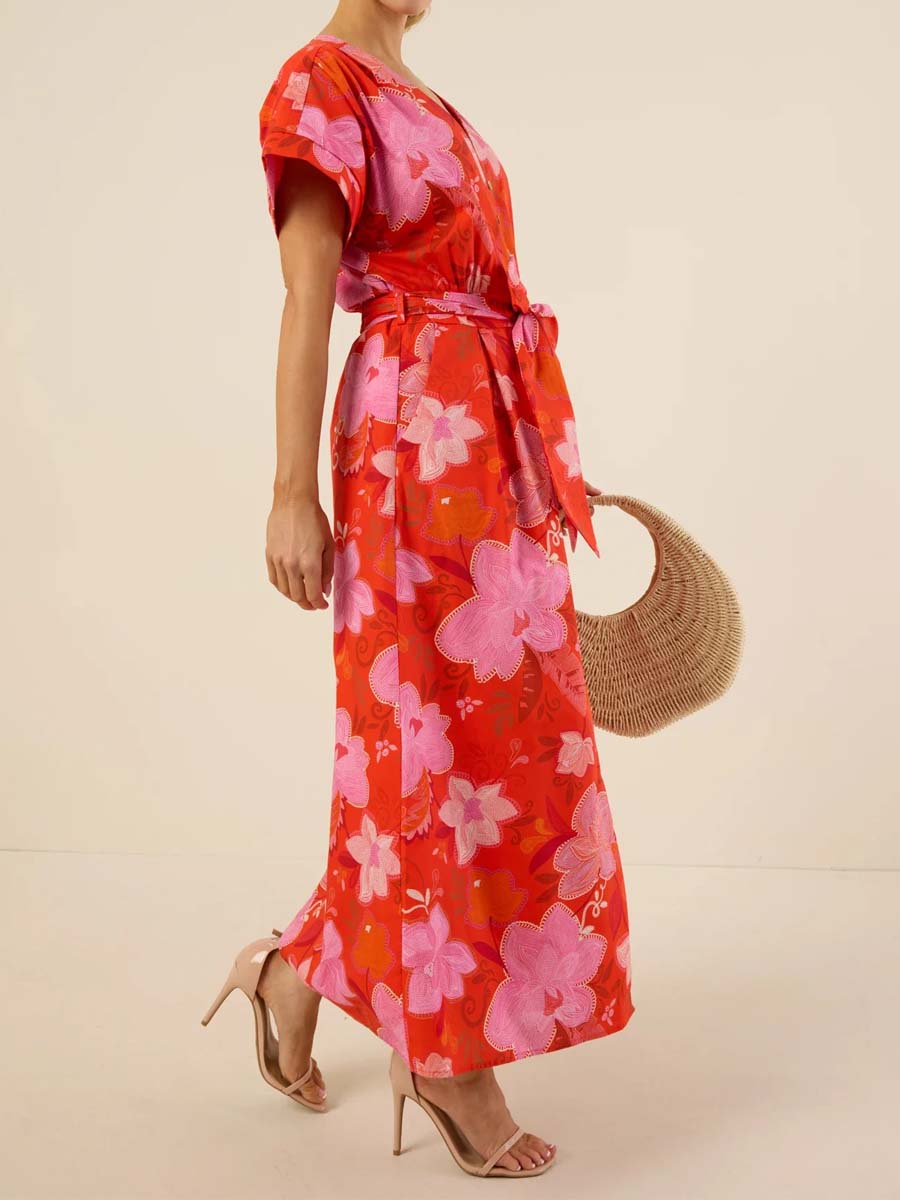 Floral Print V-neck Button-front Belted Dress