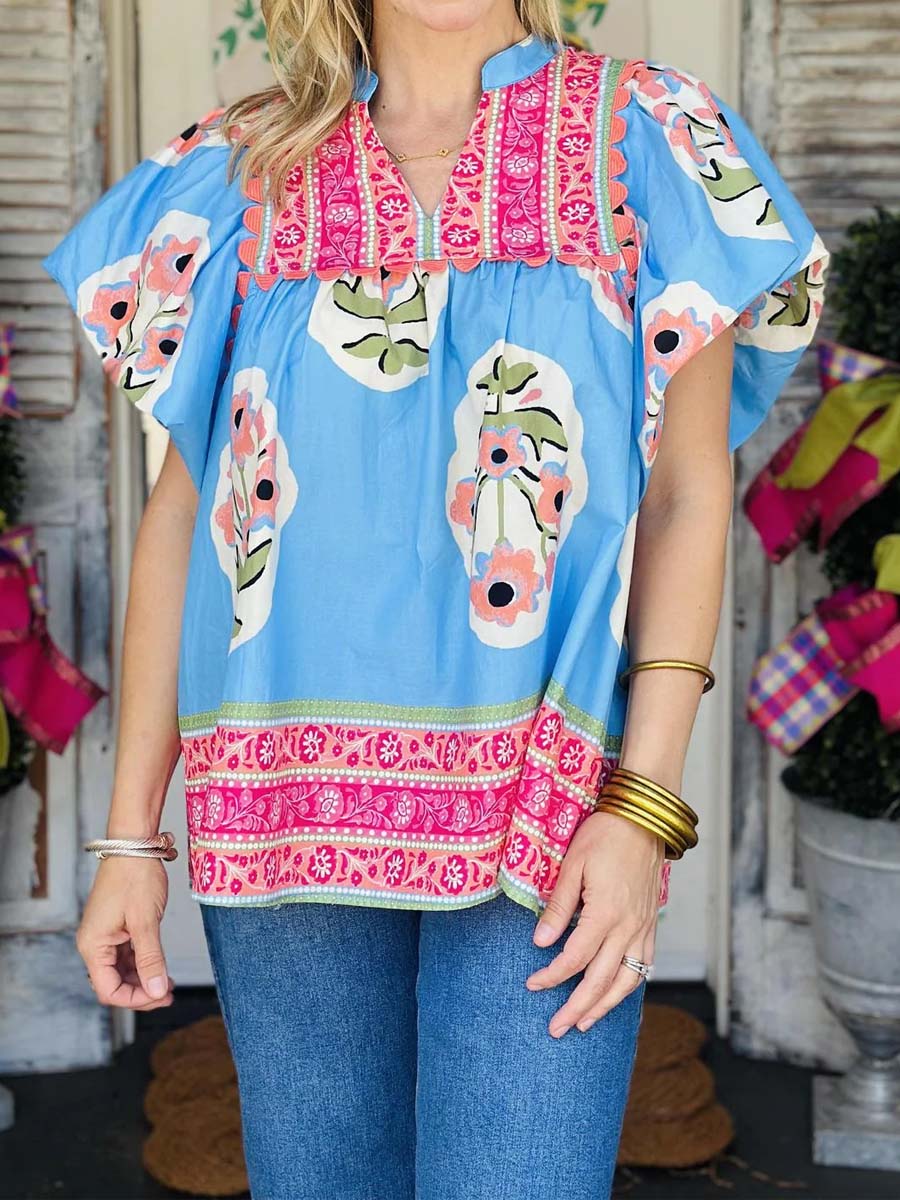 Floral Print Short Sleeve Blouse