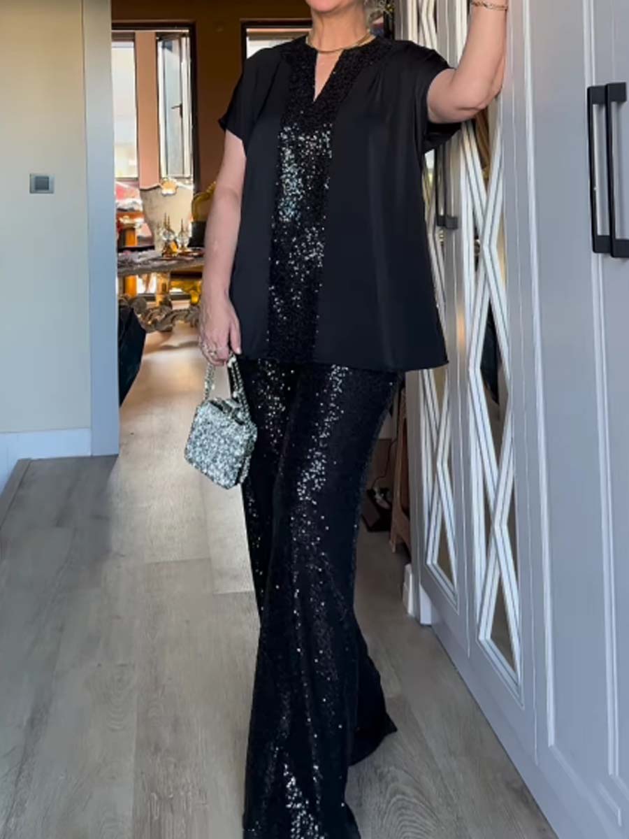 Elegant Sequined Pachwork Two Pieces Set