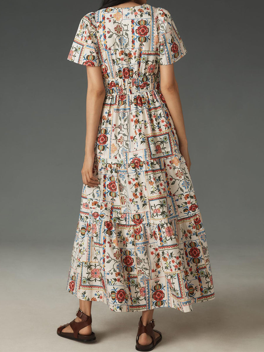 Elegant V-neck Smocked Waist Printed Dress