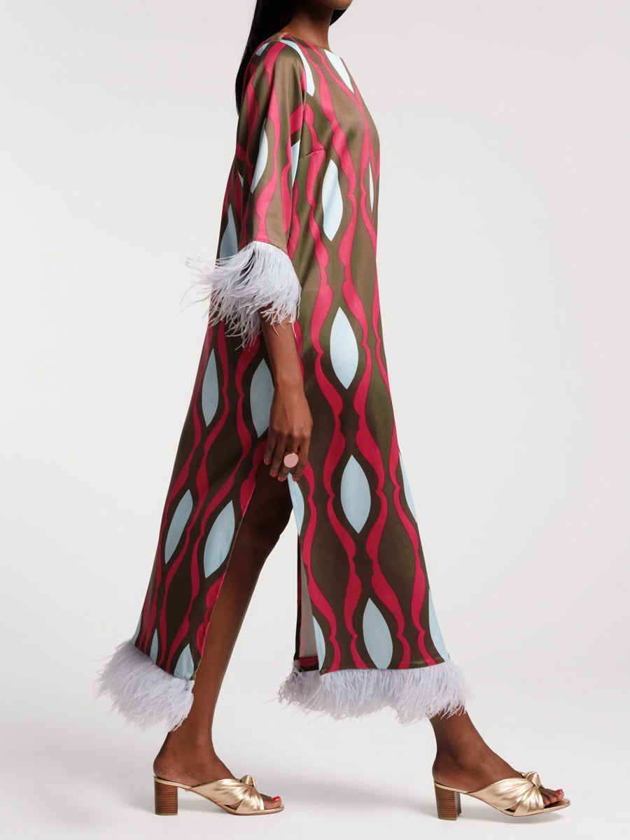 Geometric Print Faux-feather Cuff Maxi Dress