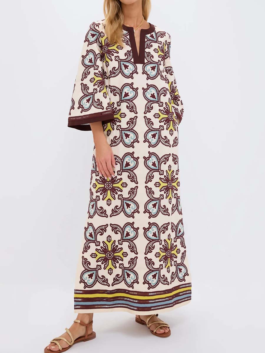 Embroidered Printed Slit Hem Maxi Dress