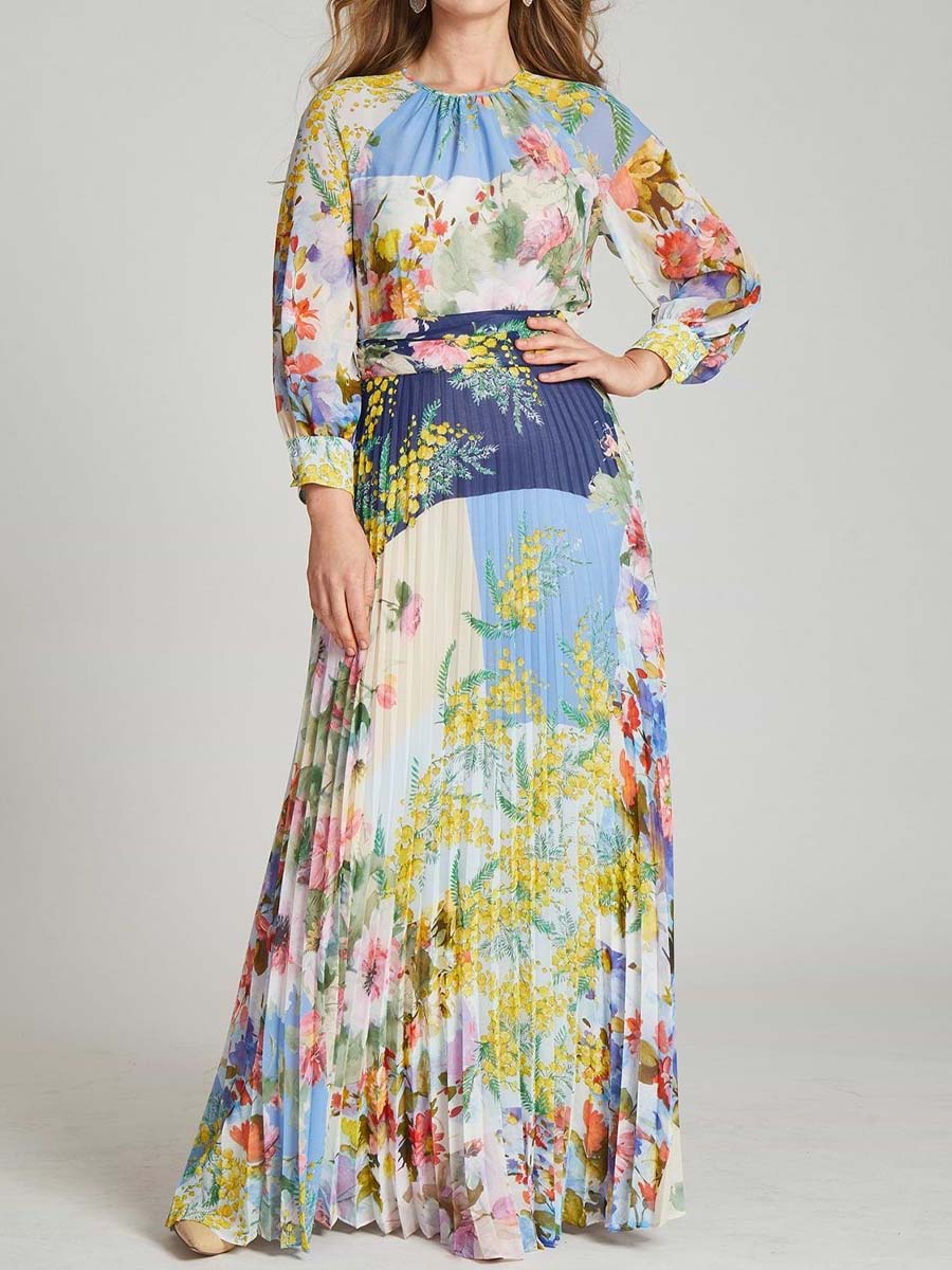 Patchwork Print Pleated Maxi Dress