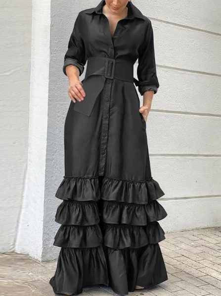 Long Sleeve Belted Elegant Dress
