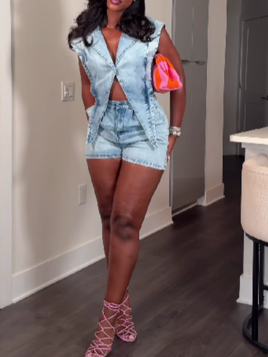 Casual triangle design denim shorts set