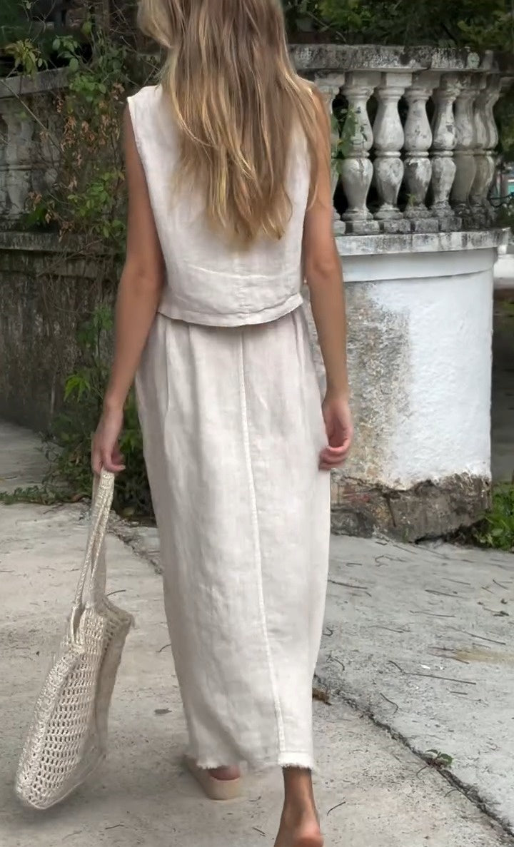 Linen Square Neck Women's Sleeveless Two Piece Set