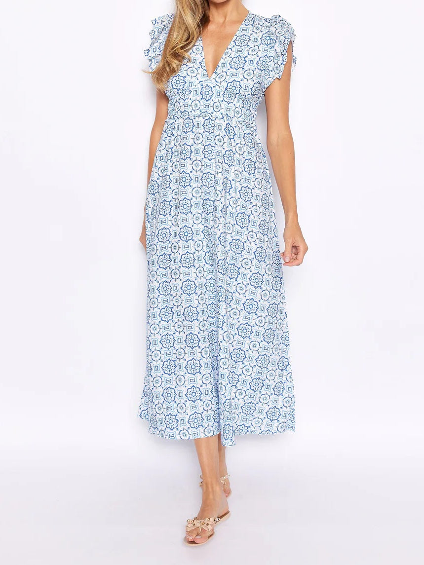 V-Neck Printed Ruffle Sleeve Dress