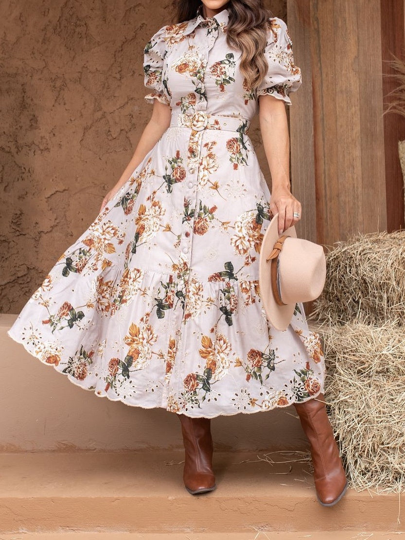 Embroidered Floral Print Belted Midi Dress