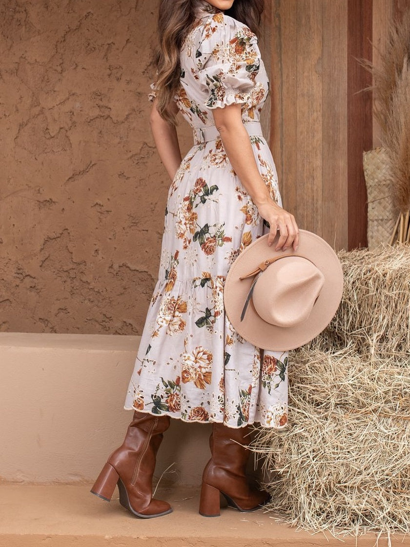 Embroidered Floral Print Belted Midi Dress