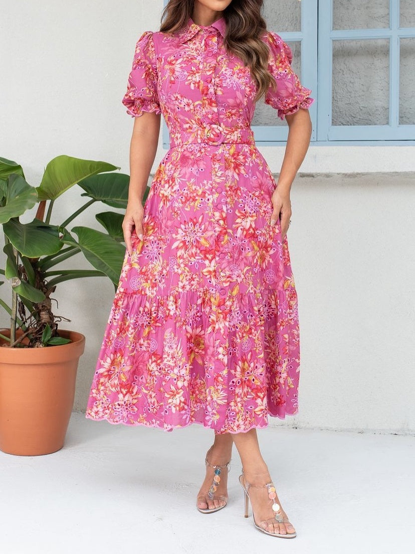 Embroidered Floral Print Belted Midi Dress