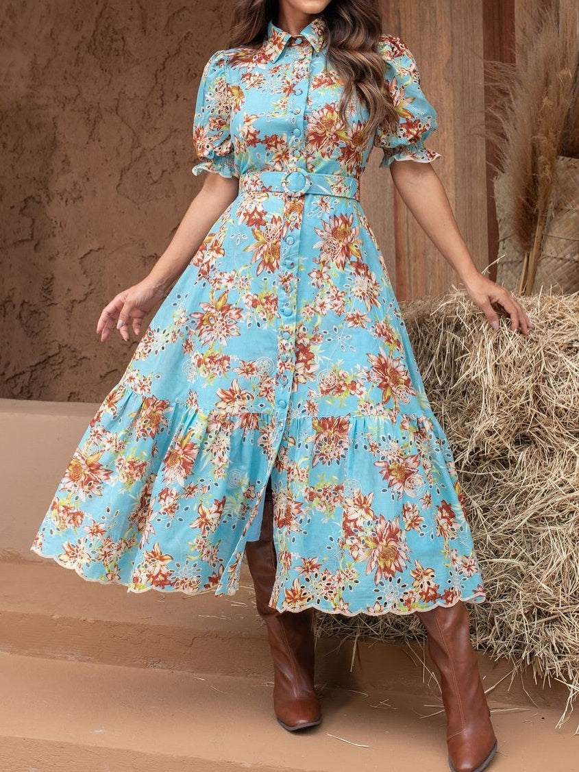 Embroidered Floral Print Belted Midi Dress