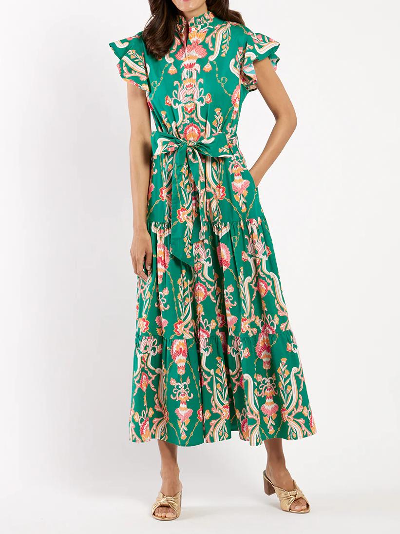Printed V-neck Belted Maxi Dress