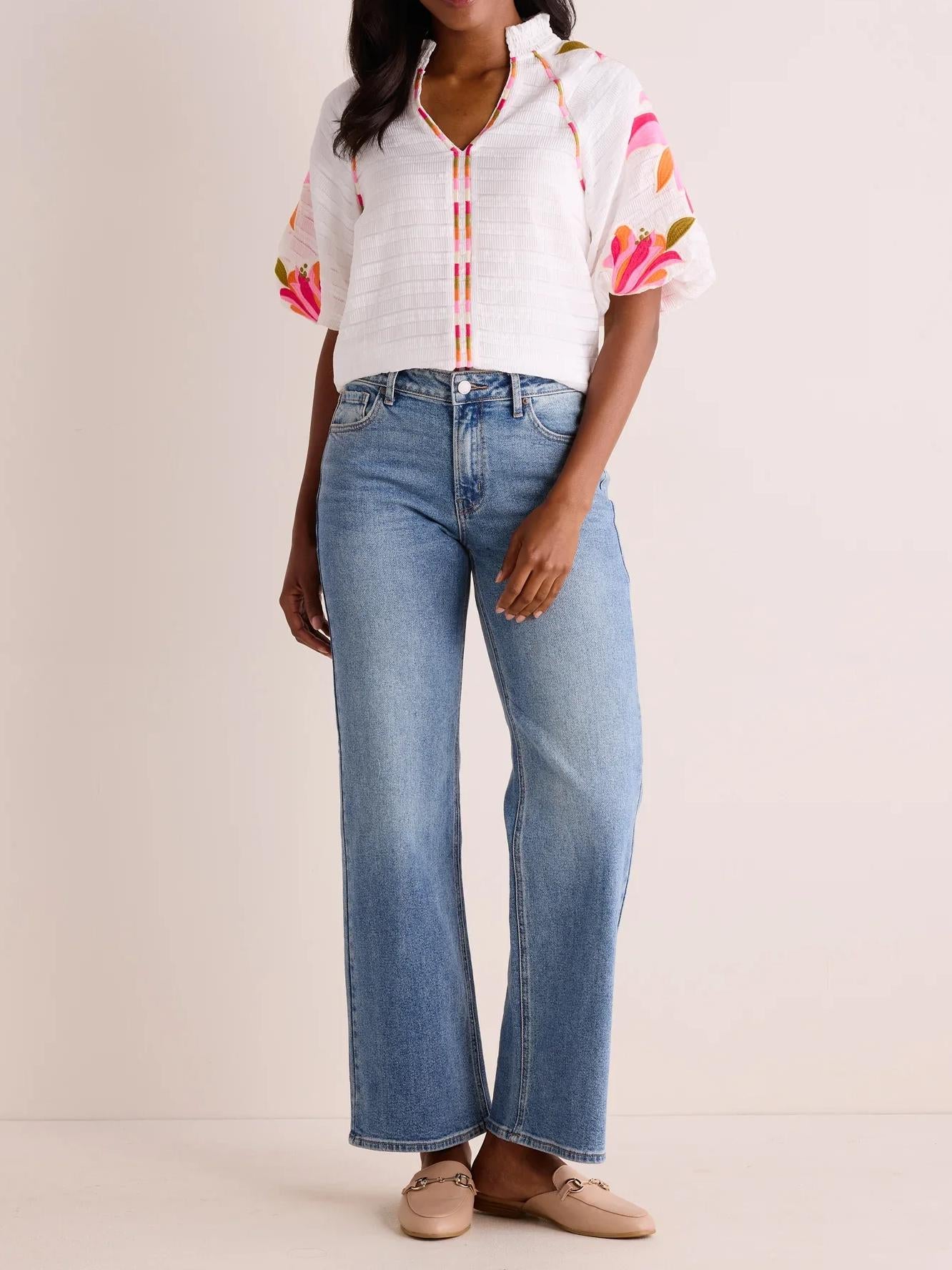 Bubble Sleeve V-Neck Floral Embroidered Top