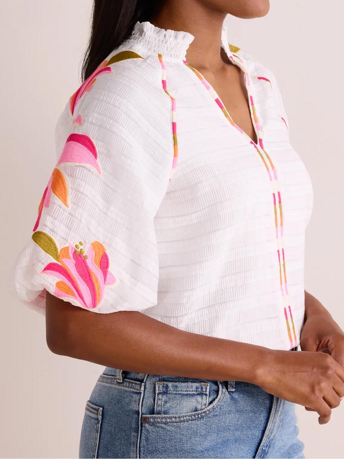Bubble Sleeve V-Neck Floral Embroidered Top