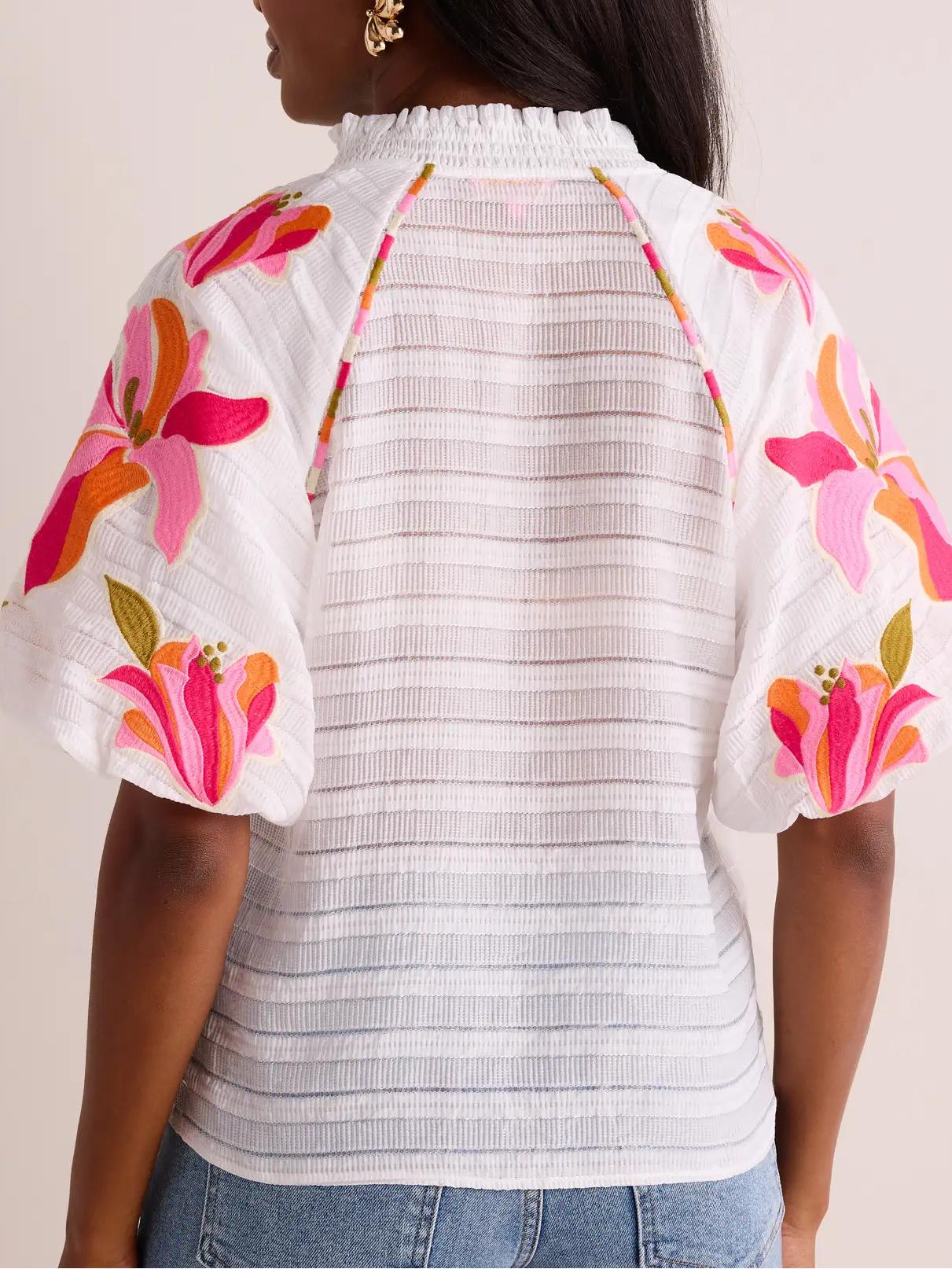 Bubble Sleeve V-Neck Floral Embroidered Top