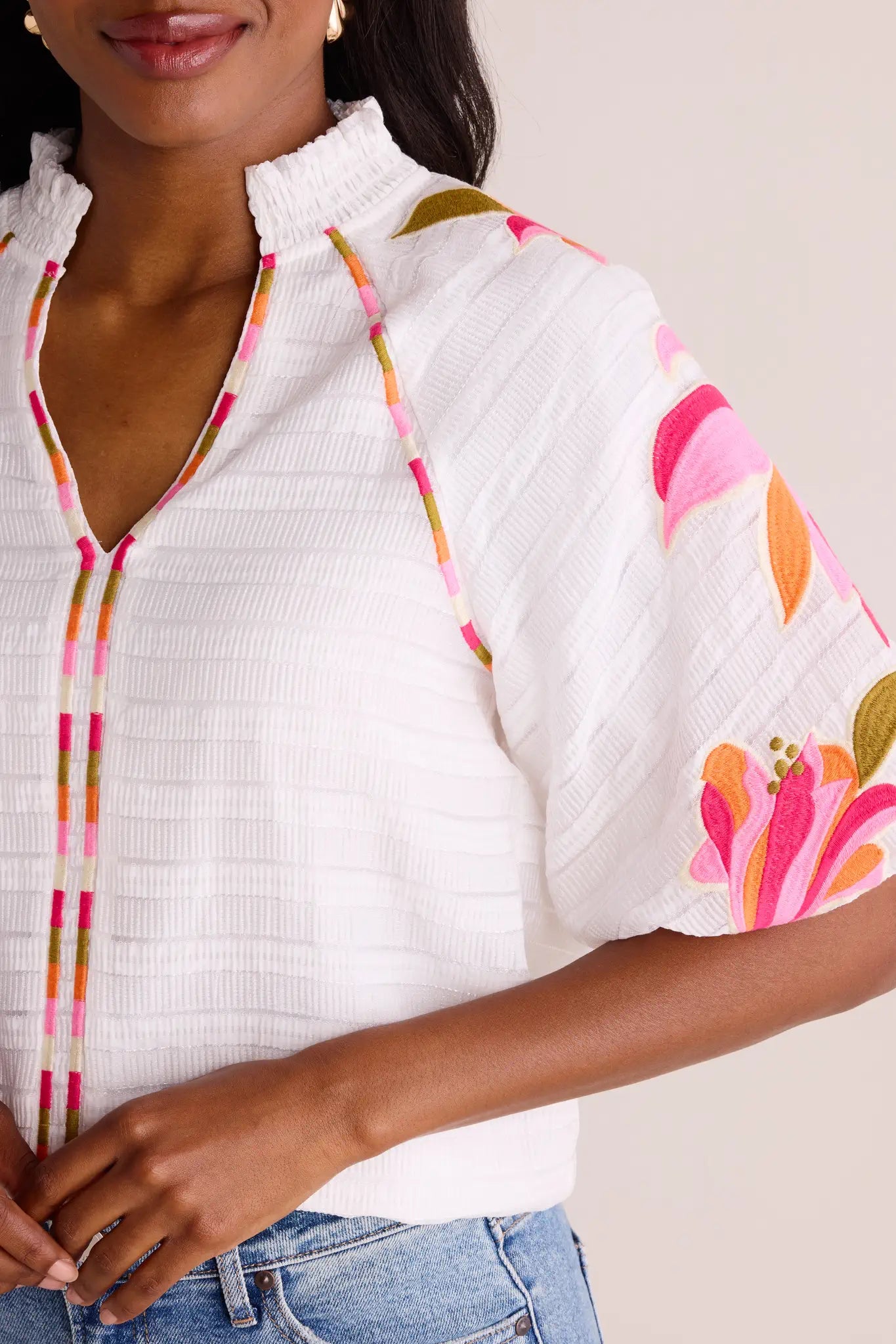 Bubble Sleeve V-Neck Floral Embroidered Top
