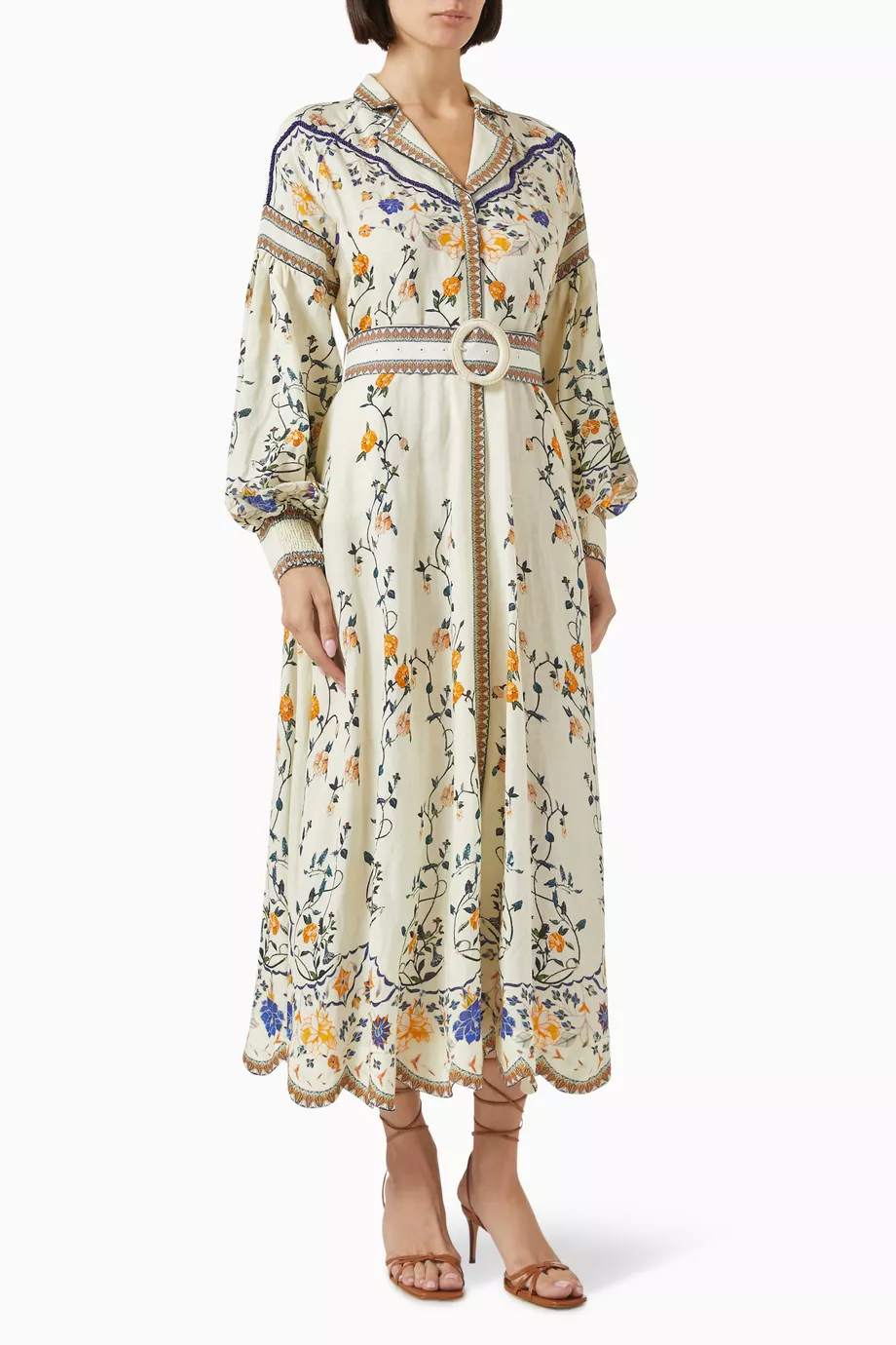 Embroidered Printed Belted Dress