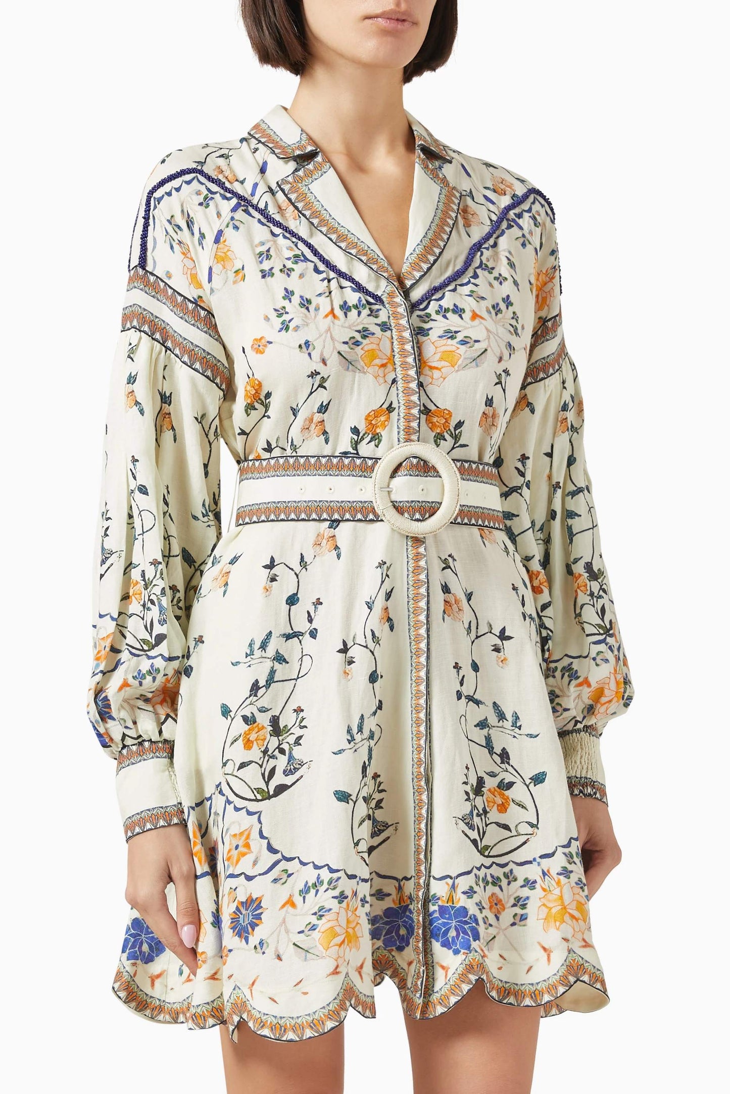 Embroidered Printed Belted Dress