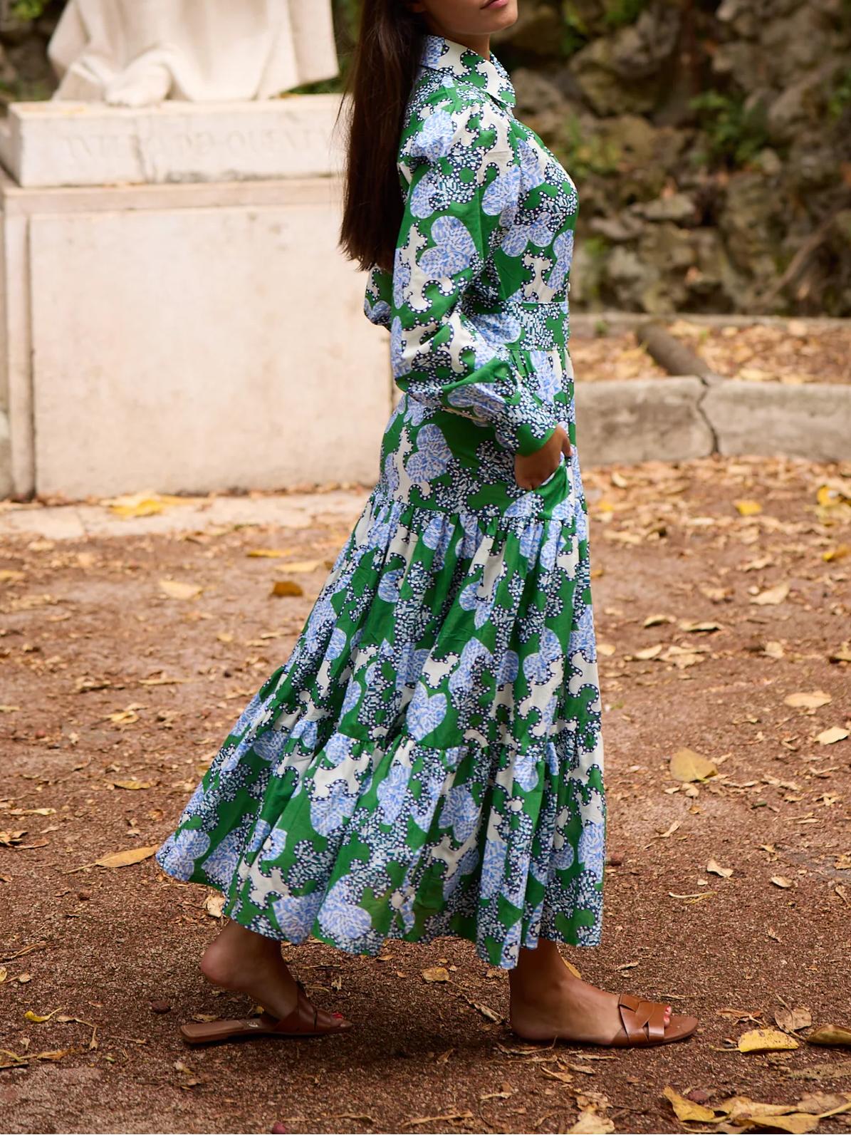 Green Shirt Printed Maxi Dress