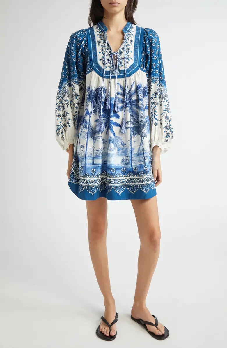 Print Linen Blend Tie Front Dress