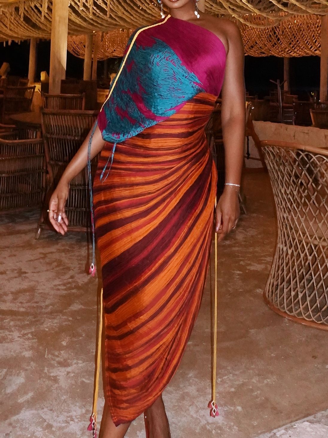 One-shoulder Waist Printed Maxi Dress