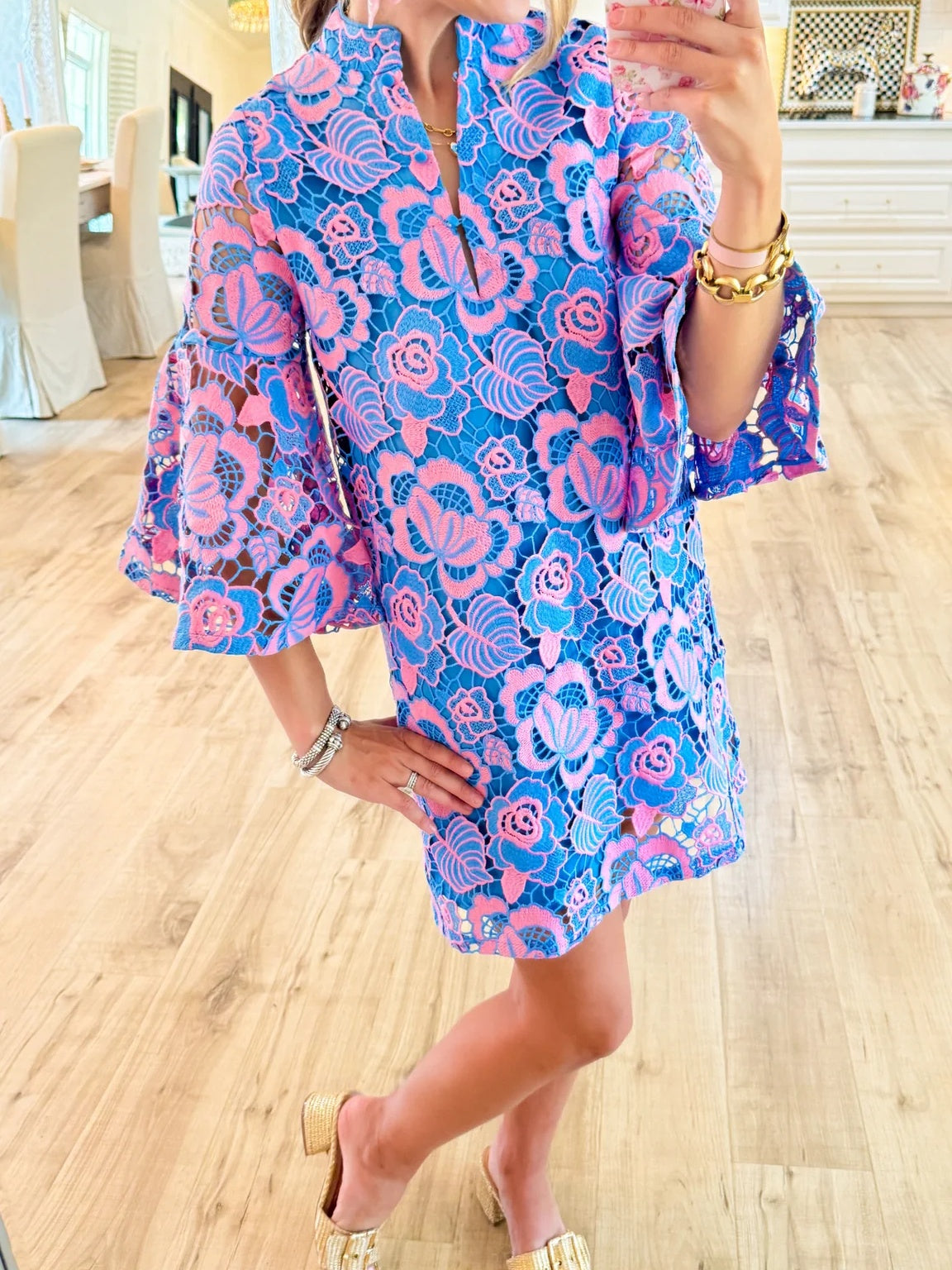 V-neck Bell Sleeve Lace Mini Dress