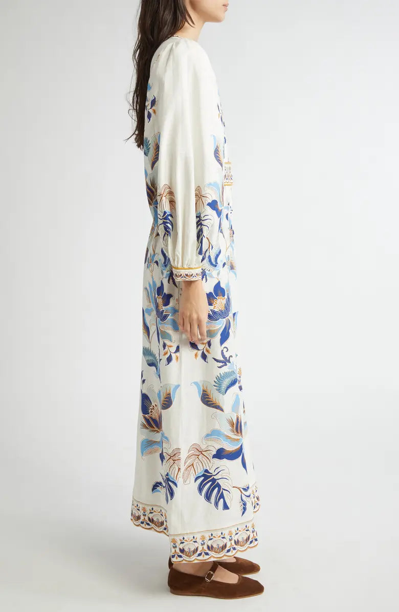 Blue Lotus Placed Print Long Sleeve Linen Blend Dress