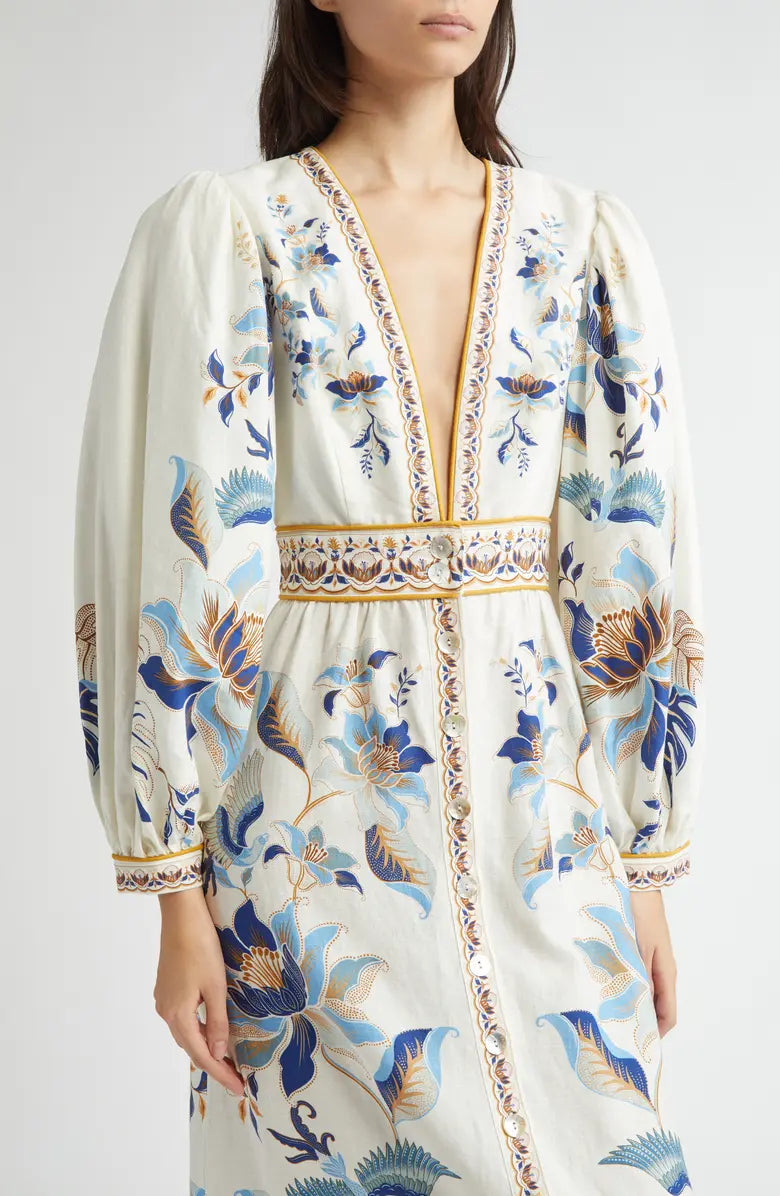 Blue Lotus Placed Print Long Sleeve Linen Blend Dress