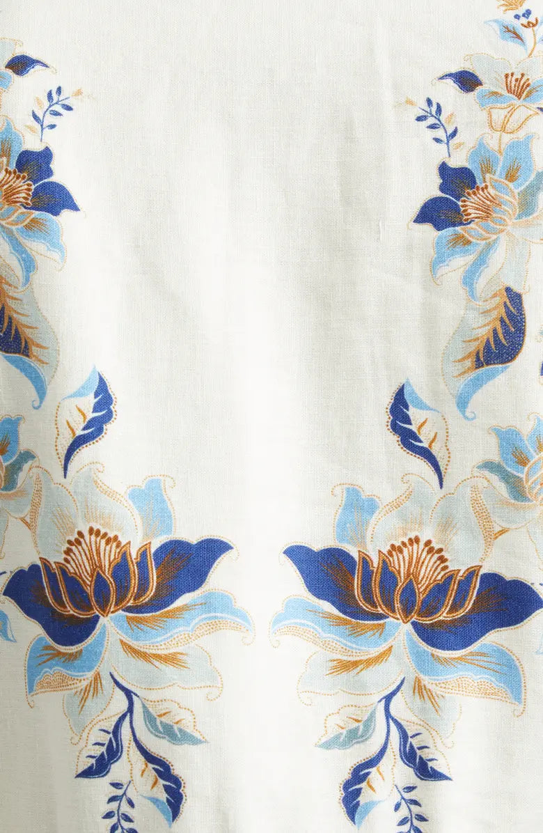 Blue Lotus Placed Print Long Sleeve Linen Blend Dress