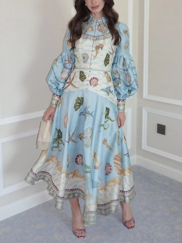 Collar Lantern Sleeve Shirt Dress