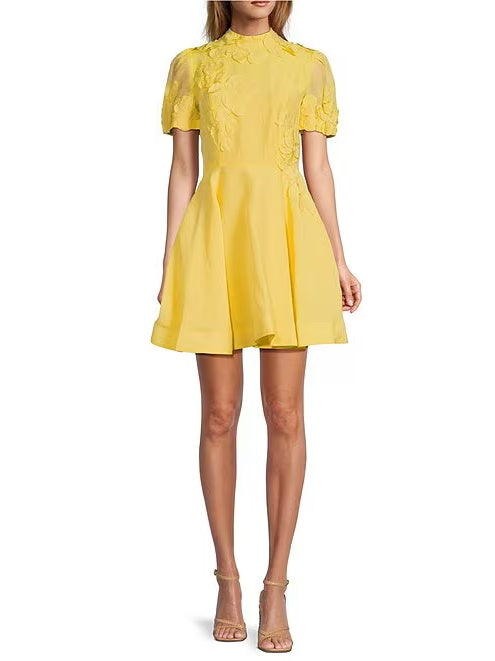 Iris Linen Floral Mockneck Short Sleeve Dress