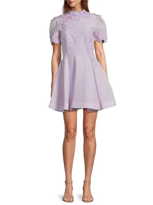 Iris Linen Floral Mockneck Short Sleeve Dress
