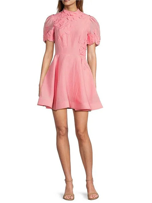 Iris Linen Floral Mockneck Short Sleeve Dress