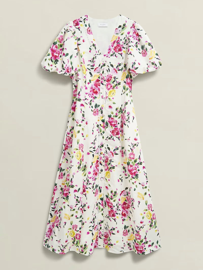 Printed Button V-Neck Dress