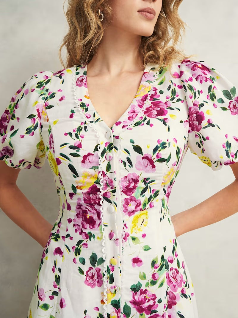 Printed Button V-Neck Dress