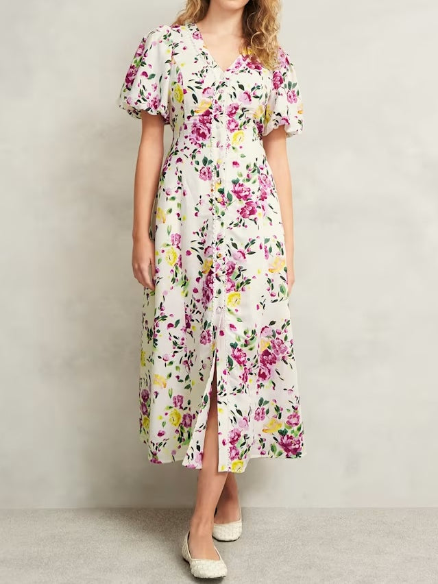 Printed Button V-Neck Dress