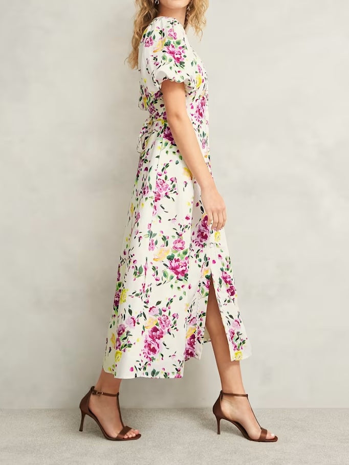 Printed Button V-Neck Dress