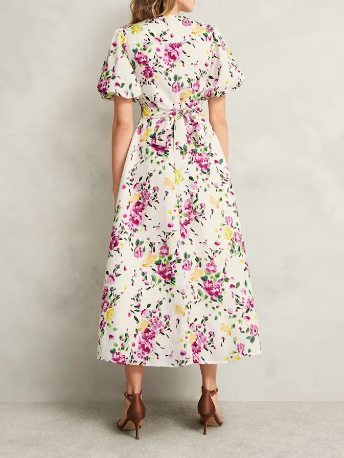 Printed Button V-Neck Dress