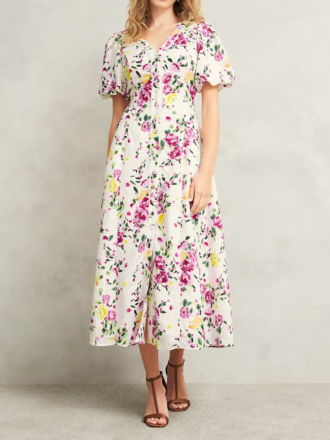 Printed Button V-Neck Dress