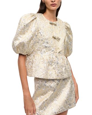 Metallic Bubble Sleeve Lace-Up Top