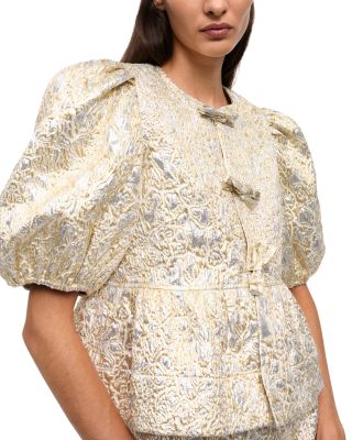 Metallic Bubble Sleeve Lace-Up Top