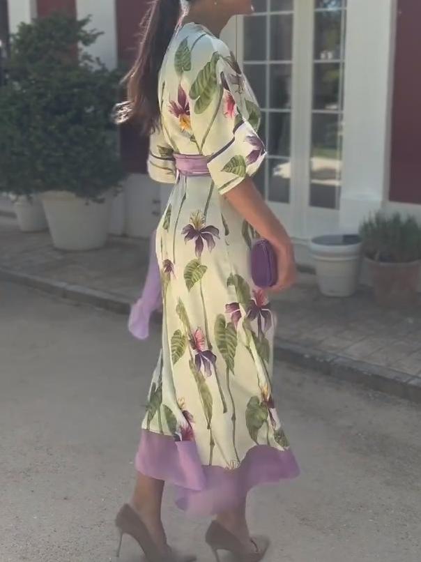 Elegant V-neck Printed Belted Dress