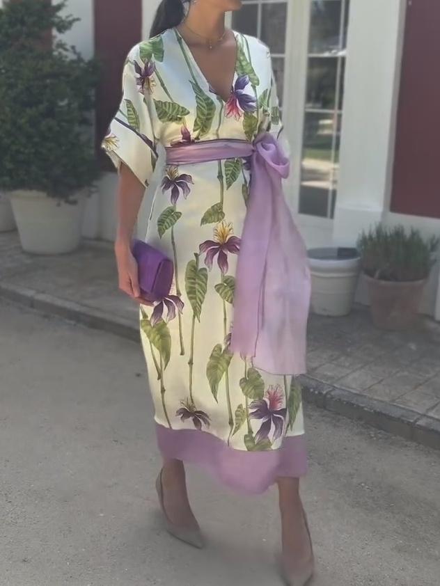 Elegant V-neck Printed Belted Dress