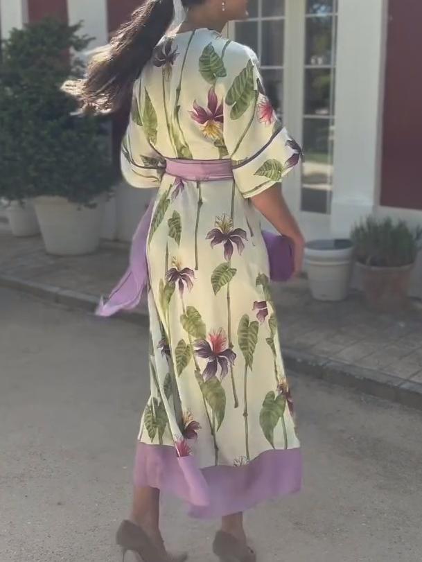 Elegant V-neck Printed Belted Dress