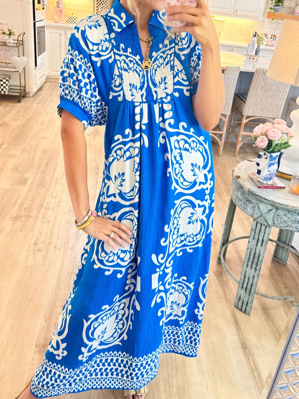 Blue Mixed Print Puff Sleeve Midi Dress